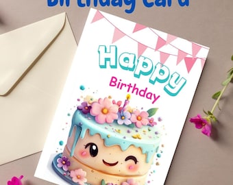 Linda tarjeta de cumpleaños imprimible kawaii, hermosa tarjeta de felicitación para niñas, tarjeta de cumpleaños de descarga instantánea para ella