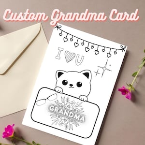 Cute Printable Mothers Day or Grandma Birthday Card, Digital Download Mother&#39;s Day Card to Color, Grandma Gift Idea with Cute Cat