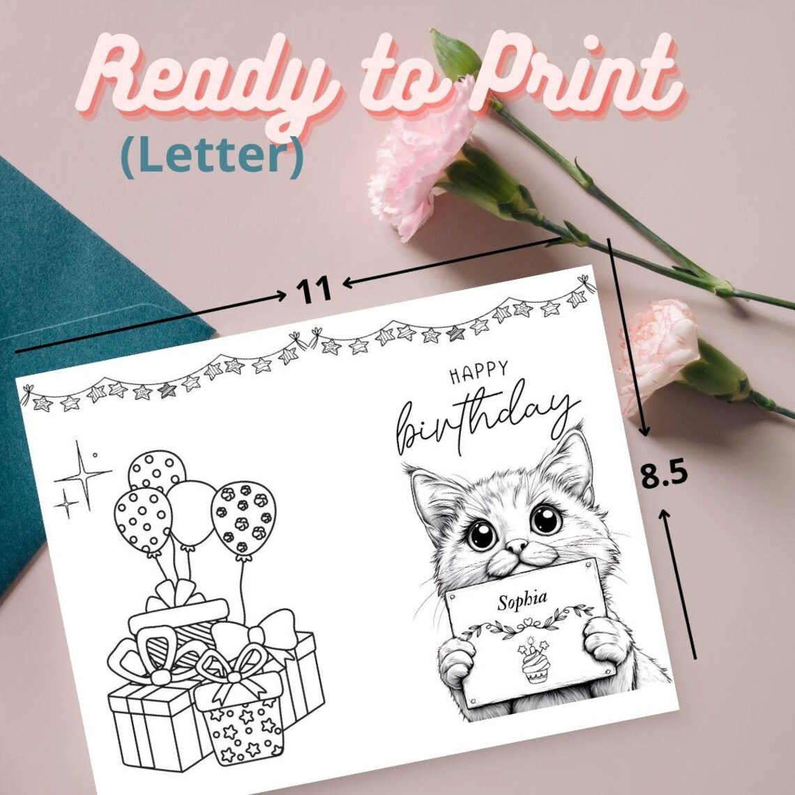 Custom Birthday Card to Color With Cute Cat, Printable Birthday Card ...