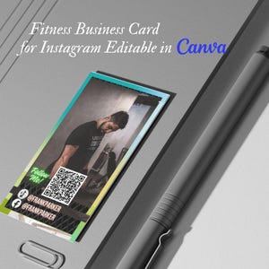 Modelo de cartão de visita de influenciador de fitness editável no Canva, ideal para um personal trainer ou treinador masculino
