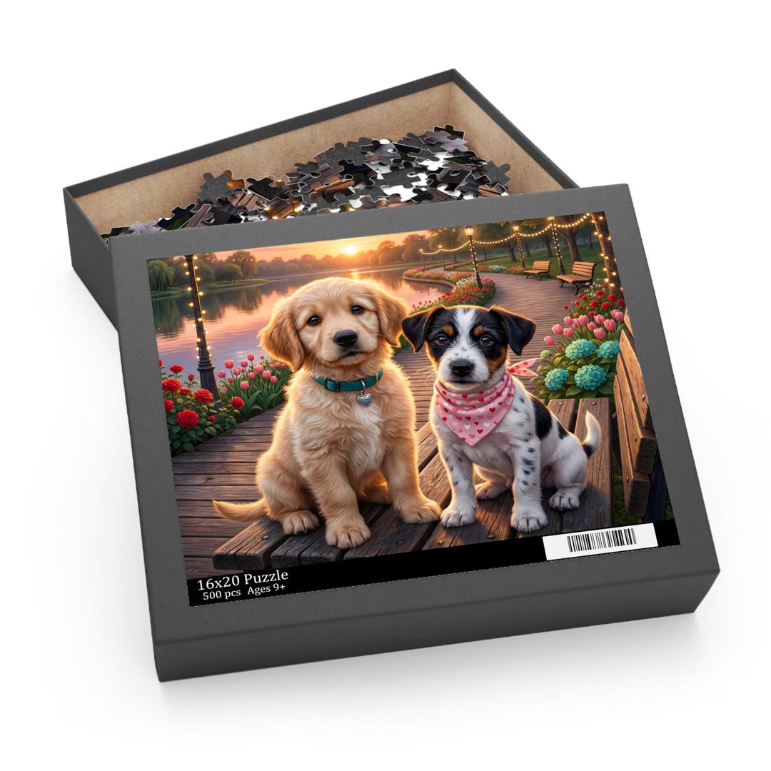 Sunset Puppies Jigsaw Puzzle, Cute Dogs on Garden Boardwalk With Lights ...