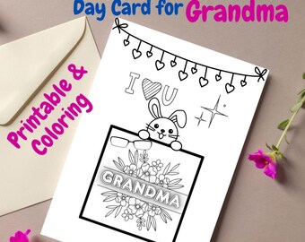 Grandma Greeting Card with Cute Rabbit, Grandma Birthday Card to Color, Printable Coloring Card for Grandma, Grandma Gift Idea