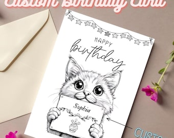 Custom Birthday Card to Color with Cute Cat, Printable Birthday Card for Children, Kids Digital Download Greeting, Coloring Card for Kids