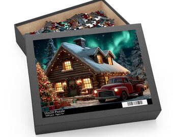 Puede incluir: Un rompecabezas de 500 piezas de 41x51 cm en una caja negra. La imagen muestra una cabaña de madera nevada de noche con una camioneta roja, un árbol de Navidad decorado y auroras boreales verdes. El texto dice 16x20 Puzzle 500 pcs.