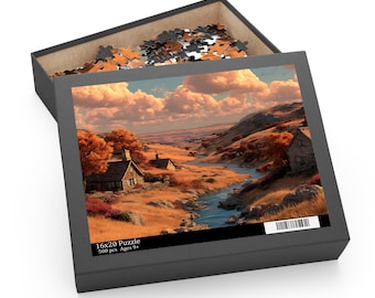May include: A 500-piece jigsaw puzzle in a black box featuring a landscape illustration of a winding river through a golden valley with small houses, trees, and a cloudy sky. The box lid displays the text 16x20 Puzzle, 500 pcs, Ages 9+.