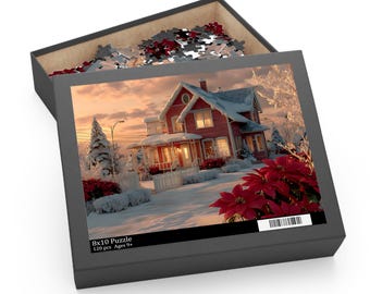 Puede incluir: Un rompecabezas de 120 piezas de 20x25 cm en una caja negra que muestra una escena invernal de una casa roja con techos cubiertos de nieve, una cerca blanca y flores de pascua rojas en primer plano bajo un cielo al atardecer.