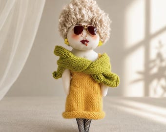 City Sun – Yellow Dress Art Doll – 4.5 Inch Handmade Textile Soft Sculpture – Wearable Bag Charm – Soft Power Women Series