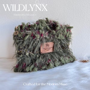 May include: A handcrafted, textured handbag in shades of green and pink, with a leather tag and gold chain strap. The bag features the text "WILDLYNX" and "Handcrafted Elegance". The bottom of the image reads "Crafted for the Modern Muse".