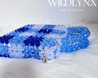 Light & Deep Blue Checkered Beaded Tote Bag - Crystal Clear Acrylic Summer Beach Bag - Sparkly Casual Handbag Perfect for Parties Vacations