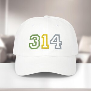May include: White baseball cap with the number 314 embroidered in green, yellow, and grey.