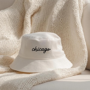 Chicago Embroidered Bucket Hat, cursive city CHICAGO hat, unisex travel gift city aesthetic white hat, Chi Town, Illinois apparel souvenir