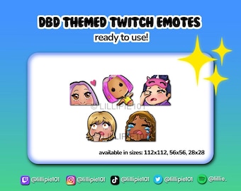 May include: Set of five colorful Twitch emotes featuring cartoon characters with different expressions. The emotes are themed around the popular video game Dead by Daylight. The text "DBD THEMED TWITCH EMOTES" and "ready to use!" is displayed at the top of the image. The text "available in sizes: 112x112, 56x56, 28x28" is displayed at the bottom of the image.