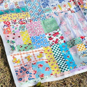May include: A patchwork quilt with a variety of floral, geometric, and novelty prints in shades of pink, blue, yellow, and green. The quilt is made of squares and rectangles of fabric, creating a colorful and textured design. The quilt is lying on a grassy surface.