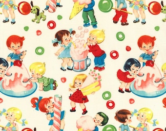 May include: A colorful vintage illustration of children enjoying various treats, including ice cream, cake, candy, and soda. The illustration is set against a white background with red, green, and blue accents.