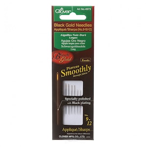 May include: A package of six black gold needles for appliqué and sharps. The needles are sizes 9, 10, and 12. The package is labeled "Black Gold Needles" and "Pierces Smoothly through fabric".