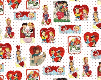 May include: A white background with red polka dots and various Valentine's Day themed illustrations. The illustrations feature children, hearts, and text such as "You're my Valentine!" and "Be my Valentine!"