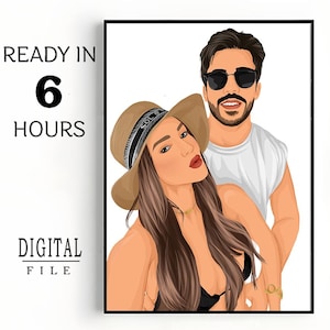 Custom Couple Portrait from Photo for Anniversary or Wedding Gift, Personalized Digital Drawing with Pets, Background or Text