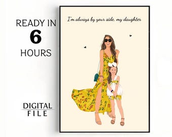 Custom Mother and Child Drawing, Personalized Cartoon Portrait, Mom and Daughter Printable Art, Unique Family Gift, Digital Illustration