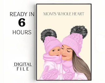 Mother and Daughter Portrait, Custom Digital Drawing, Personalized Family Art, Cute Wall Illustration, Gift for Mom