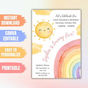 Watercolor Rainbow Birthday Invitation: Sunshine Party Template (Digital Download 5x7&quot; PDF, PNG, JPEG Format)