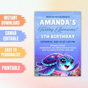 Editable Sea Turtle Birthday Invitation, Under the Sea Editable Party Invite Template, Turtley Awesome Birthday Invitation, Instant Download
