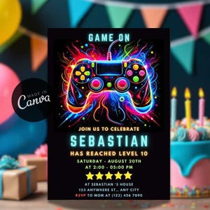 Neon Video Game Birthday Invitation: Editable Controller Template,  Free Thank you Card (Digital Download)