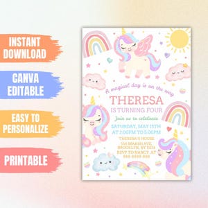 Invito di compleanno modificabile a tema unicorno: festa arcobaleno pastello (download digitale)