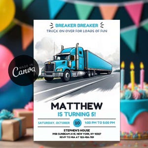 Blue Semi Truck Birthday Invitation Template (Digital Download)