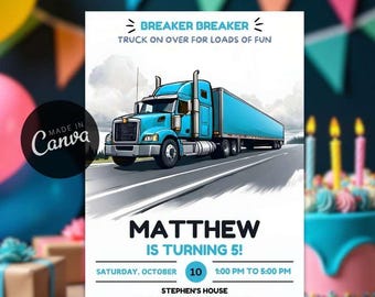 Blue Semi Truck Birthday Invitation Template (Digital Download)