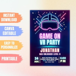 Modelo de cartão de convite para festa de aniversário de jogo de realidade virtual, convite para festa com fone de ouvido VR digital, festa de fliperama eletrônica para jogadores, evite para celular