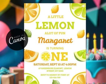 Invitación editable de limón para primer cumpleaños: temática cítrica (descarga digital)