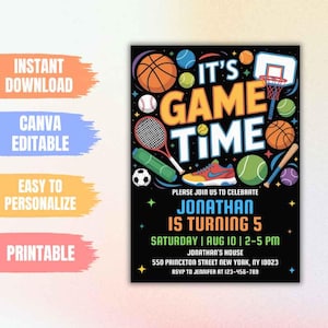 Editable Sports Birthday Invitation, Sports Party Birthday Template, Sports Theme Invite, Sports Flyer Evite, All Star Sports Party Invite