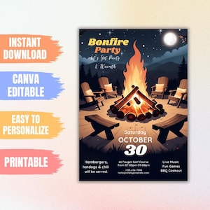 Bearbeitbare Hinterhof-Lagerfeuer-Geburtstags-Einladungsvorlage, Digital-Geburtstags-Lagerfeuer, S&#39;more-Lagerfeuer-Party einladen, gemütliche Landkinder-Erwachsenen-Party