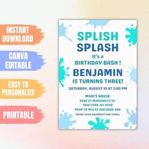 Splish Splash Birthday Invitation: Waterslide Pool Party (Digital Download)