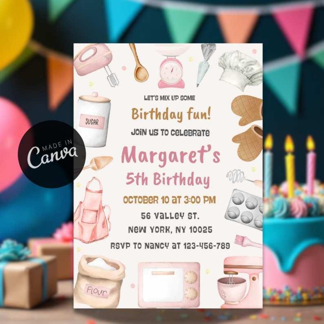 Baking Birthday Party Invitation: Pink Kitchen Theme (digital Download ...