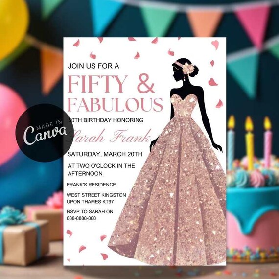green emerald velvet dress Rose gold dress 50th birthday invitation (set of 30) main image 0