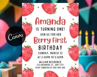 Faire-part premier anniversaire aux fraises : modèle modifiable (téléchargement numérique)
