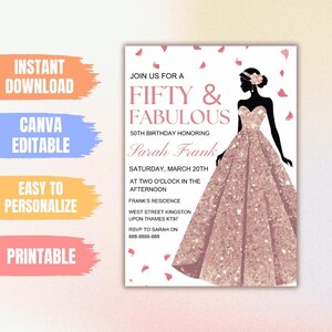Editable Fabulous Fifty Birthday Party Invitation, Fifty & Fabulous Women Party, Printable Rose Gold 50th Birthday Invite, Instant Download