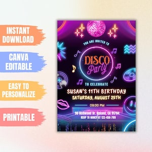 Editable Neon Disco Birthday Invitation: 80s Party Template (Digital Download)