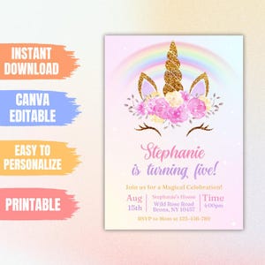 Unicorn Birthday Invitation: Rainbow Floral Party Invite (Digital Download)