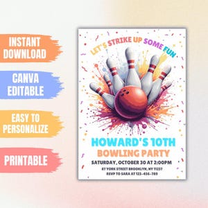 Sjabloon bewerkbare bowlingverjaardagsuitnodiging, afdrukbare Strike Up Some Fun verjaardagsuitnodigingen, digitale uitnodigingskaart verjaardagsfeestje jongen