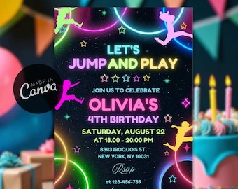 Neon Jump Birthday Invitation, Glow Trampoline Party (Digital Download)