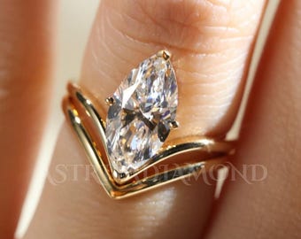 3 CT Marquise Cut Lab Grown Diamond-bruidsset 10K geelgouden solitaire verlovingsring met V-trouwring luxe belofte trouwringset