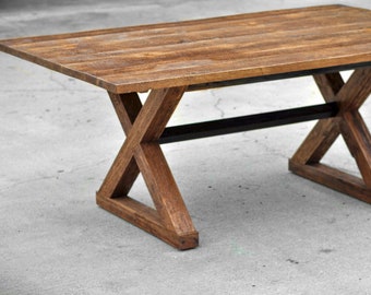 CUSTOM Reclaimed  X Base Wood Dining Table-Farmhose Table-Mid Centry-Modern Farm Table-Custom Built-Salvaged Wood-brandmojo interiors