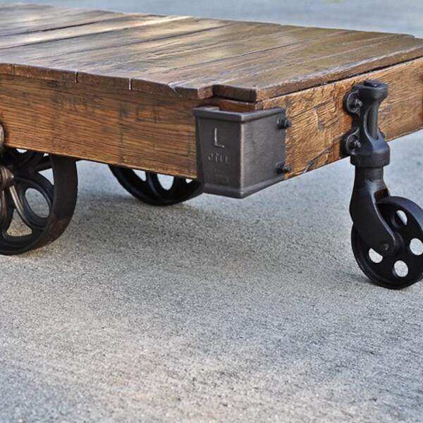 Vintage Industrial Factory Cart Coffee Table - 48L x 27W x 14T - furniture - salvaged - repurposed - weathered - rustic - primitive - wood