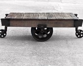 In Stock Factory Cart Coffee Table - Vintage Industrial - Grey weathered finish - solid table - wood wooden occassional iron all original