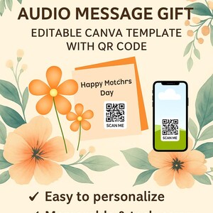 Cartão com Mensagem de Voz para o Dia das Mães | Presente com QR Code Editável | Cartão Digital Personalizado | Modelo Canva | Download Instantâneo
