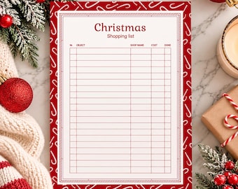 May include: A rectangular Christmas shopping list printed on white paper with a red border featuring a white candy cane pattern. The header reads Christmas Shopping list, with columns for No, OBJECT, SHOP NAME, COST, and DONE in red ink.