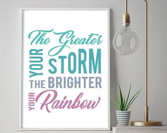 The Greater Your Storm the Brighter Your Rainbow (Printable Art Quote) Art of Mindfulness - Focus / Confidence / Health / Office Printables