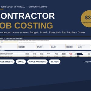 Op de afbeelding: Een digitaal spreadsheet-sjabloon voor aannemers voor het berekenen van projectkosten, geschikt voor Google Sheets, Excel en Apple Numbers. De donkerblauwe interface toont een dashboard met kolommen voor budget, werkelijke kosten en prognoses.